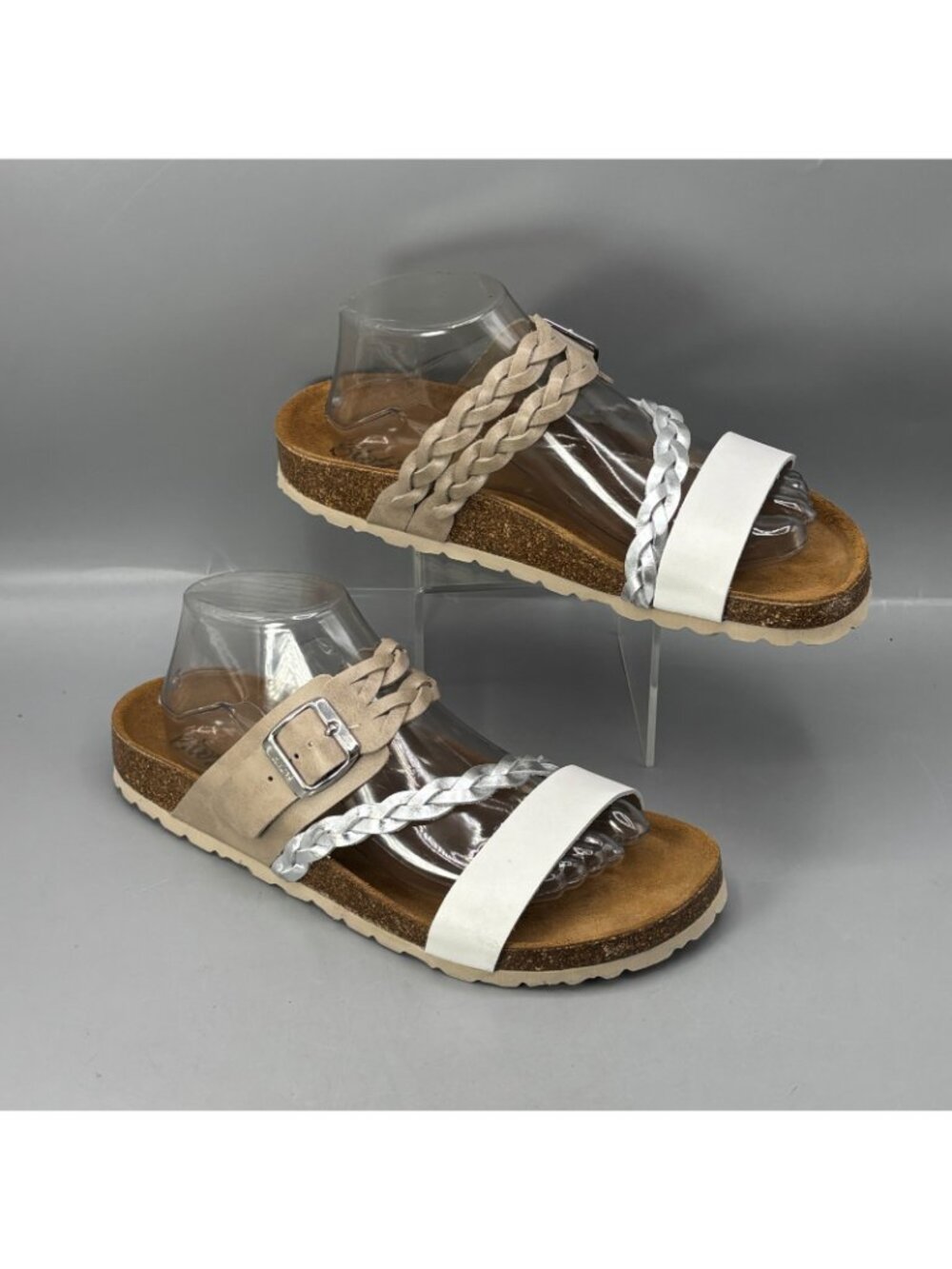 Biostep Slides Sandals Womens 9 White Silver Beige Braided Straps Slip-On Shoes